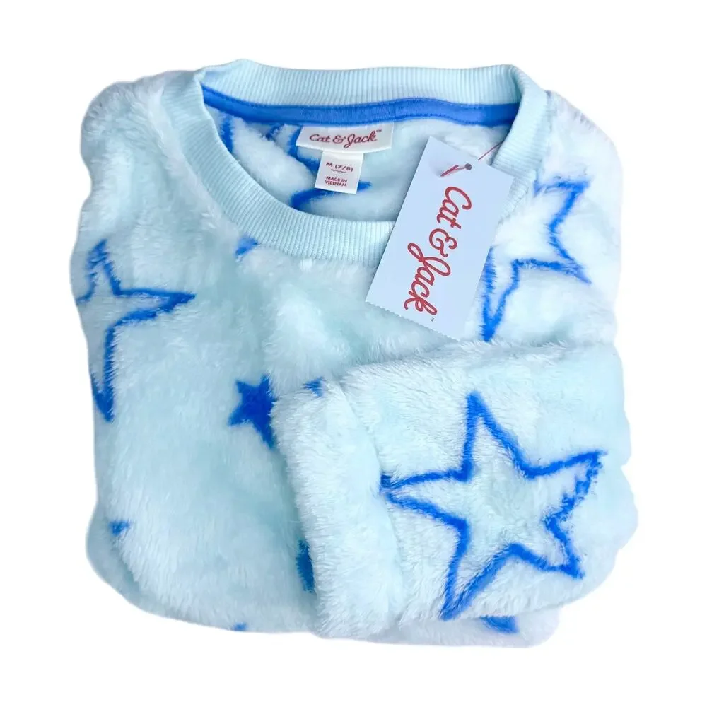 Furry Fleece Blue Star Shirt 7/8 Medium Girls Boys Soft Long Sleeve Tee Top New
